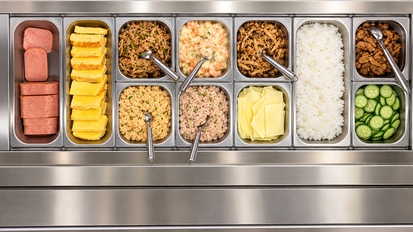 Estação de ingredientes Okinawa vista de cima, com arroz, tamagoyaki, carnes, pepino e recheios organizados em cubas de inox